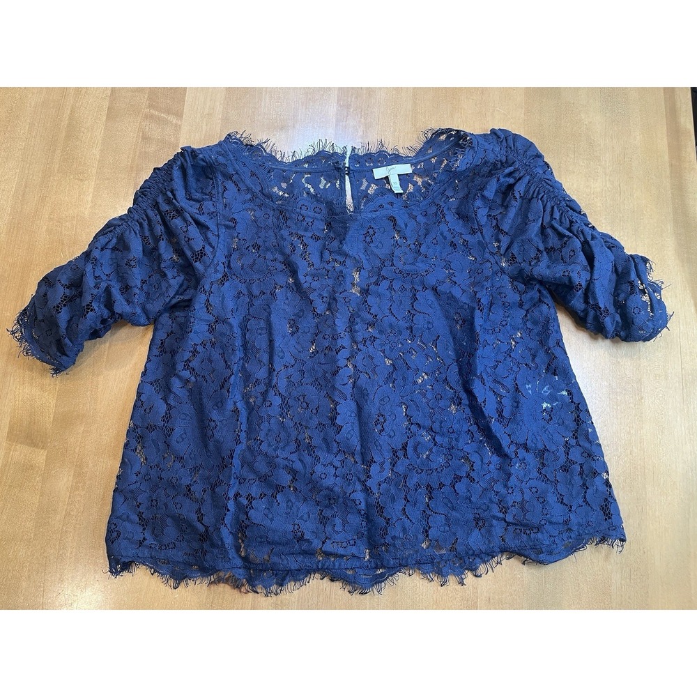 Joie Top Womens Navy Blue Lace Blouse Fringe Short Sleeve‎ Sheer Scallop Trim XS